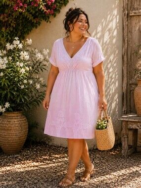 Max Studio Specialty NEW Plus Size 2x (Fits As XL) Pink V-Neck Embroidered Dress